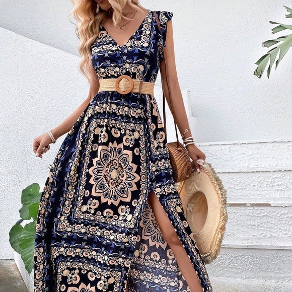 . Dresses & Skirts - Navy Blue Casual Womens Scarf Print Ruffle Trim Split Thigh Dress Without Belt